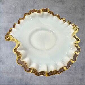 Fenton VTG Ruffled Crimped Gold Crest White Milk Glass Bowl Candy Trinket Dish